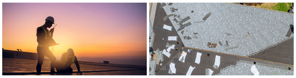 Tidewater Roofing professionals on a roof at sunset, wearing hard hats and construction vests, ready to assist with both residential and commercial services.Aerial view of a roof under construction, showcasing progress on the project.