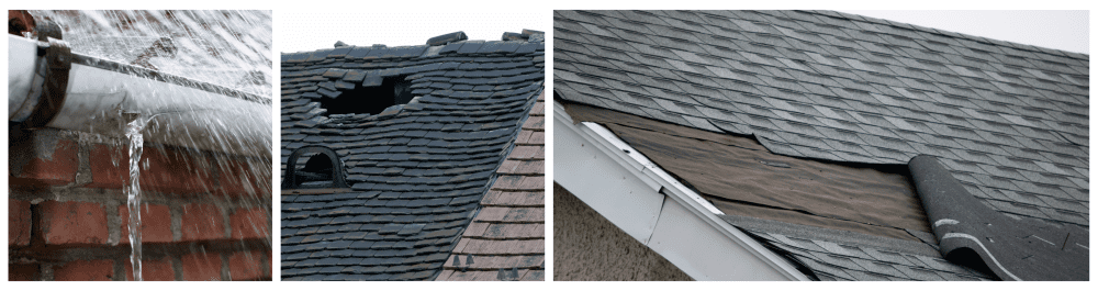 Heavy rain pouring down on a tiled roof with a leaking gutter.A damaged tiled roof showing signs of wear, with water leaks—there’s a big difference between an occasional drip and a steady stream. If significant water is entering your building, emergency repairs are crucial.A roof with damaged shingles, showing clear signs of deterioration.