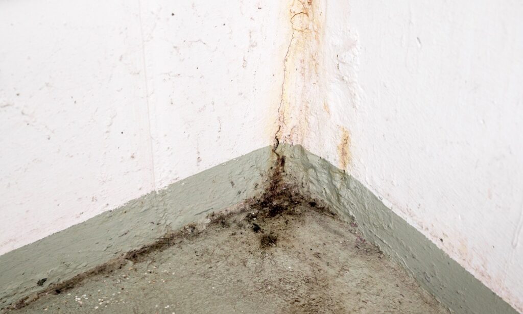 Discolored concrete wall in basement of home due to water damage