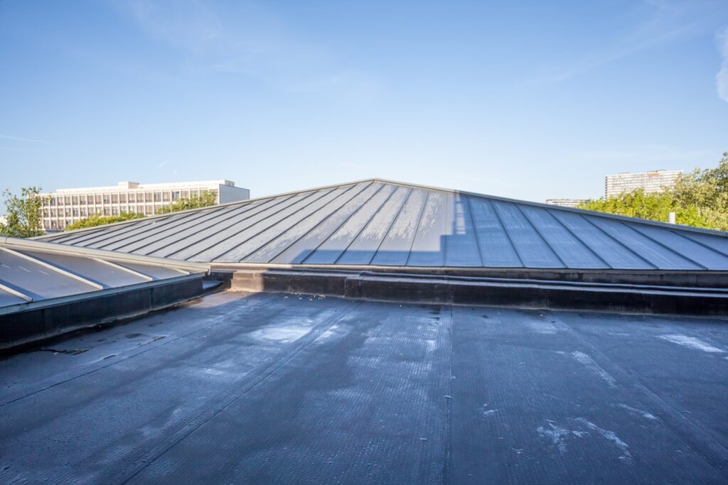 Metal rooftop after windy conditions