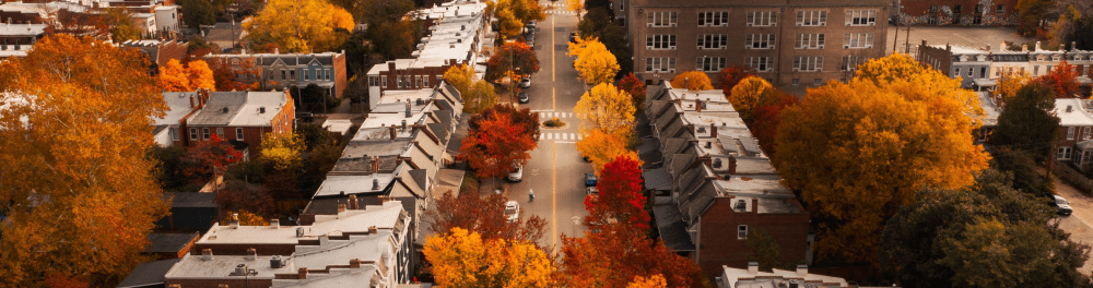 An aerial shot of Hampton Roads Virginia, showing a tree-lined street in the fall, with multi-family properties lining the street.